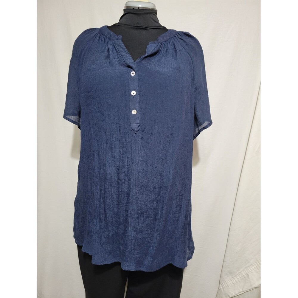 Good Days Only Women's 2X Navy Short-Sleeve Button-Front Peasant Top Businesscas